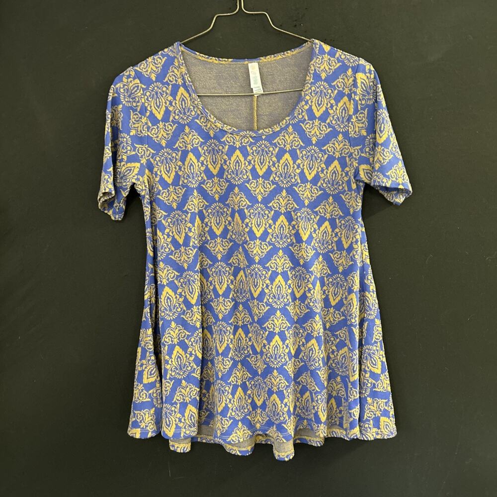 LuLaRoe Women's Short Sleeve Shirt Size S Blue Brown Floral Scoop Neck Stretch